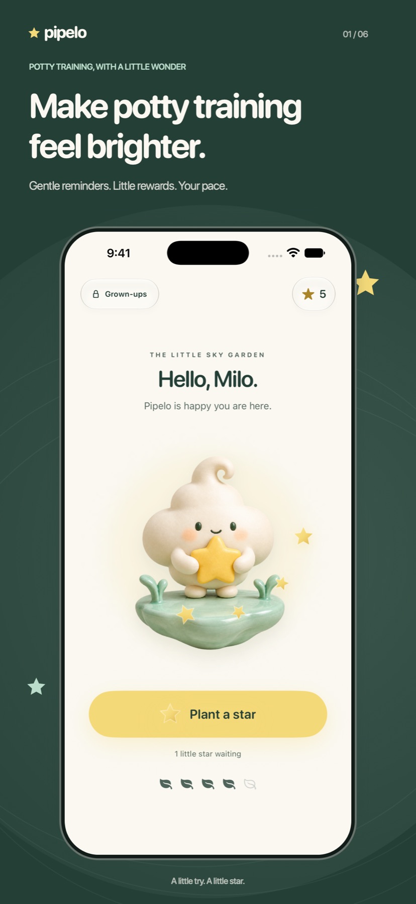 iPhone screenshot of Pipelo’s sky garden greeting a child named Milo, with a Plant a star button