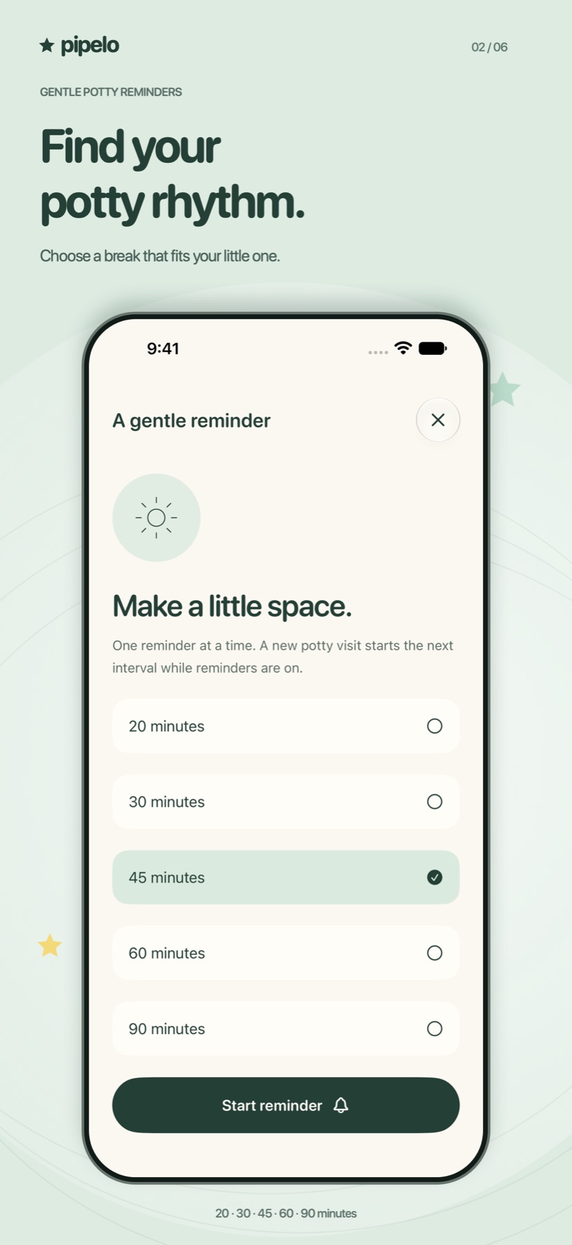 iPhone screenshot of Pipelo’s gentle reminder picker with 45 minutes selected