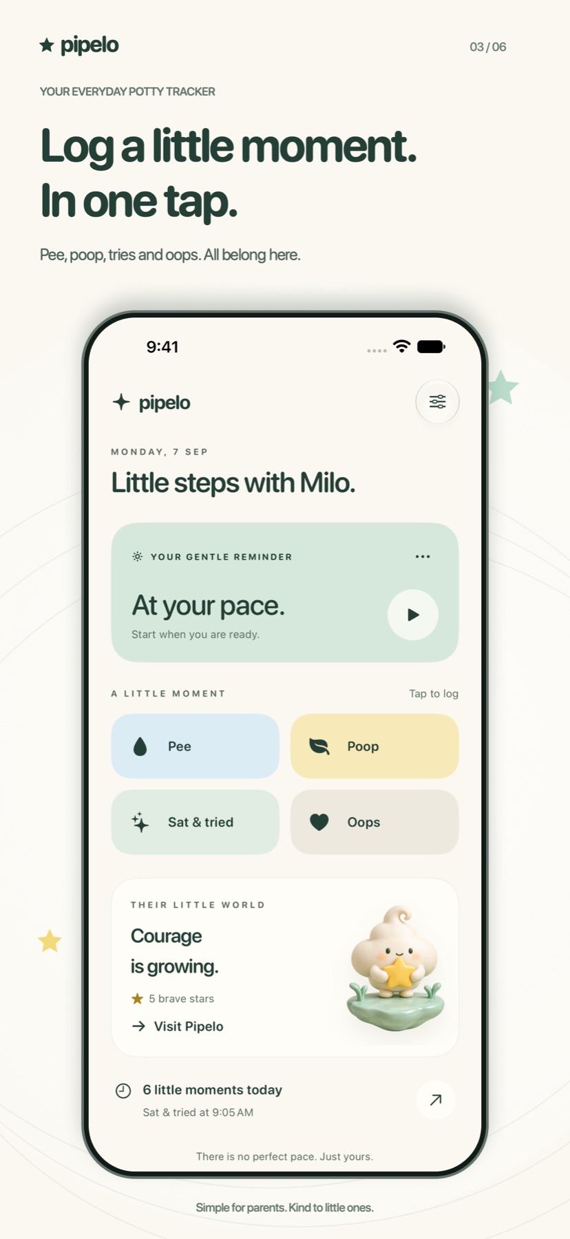 iPhone screenshot of Pipelo’s parent home: a gentle reminder, one-tap pee poop try and oops buttons, and a sky garden preview