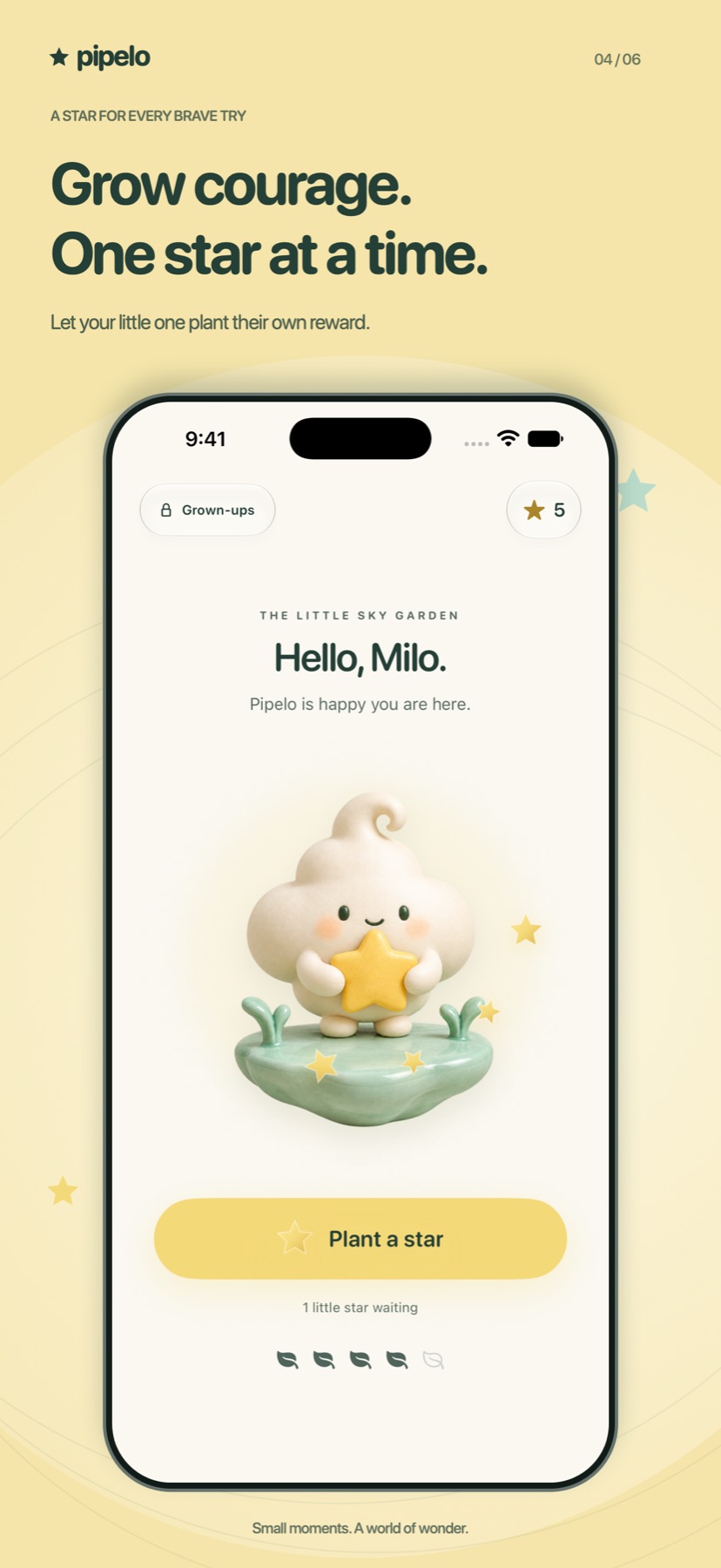 iPhone screenshot of Pipelo’s child garden where a try plants a brave star