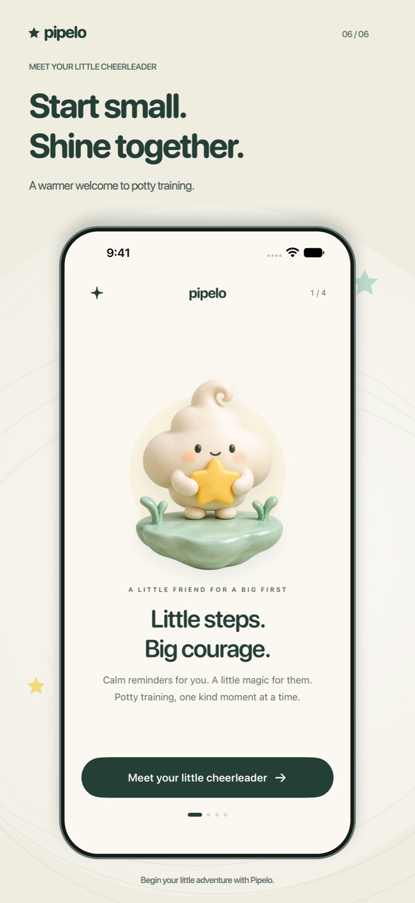 iPhone screenshot of Pipelo onboarding: Little steps. Big courage, with Pipelo the cloud sprite and a Meet your little cheerleader button